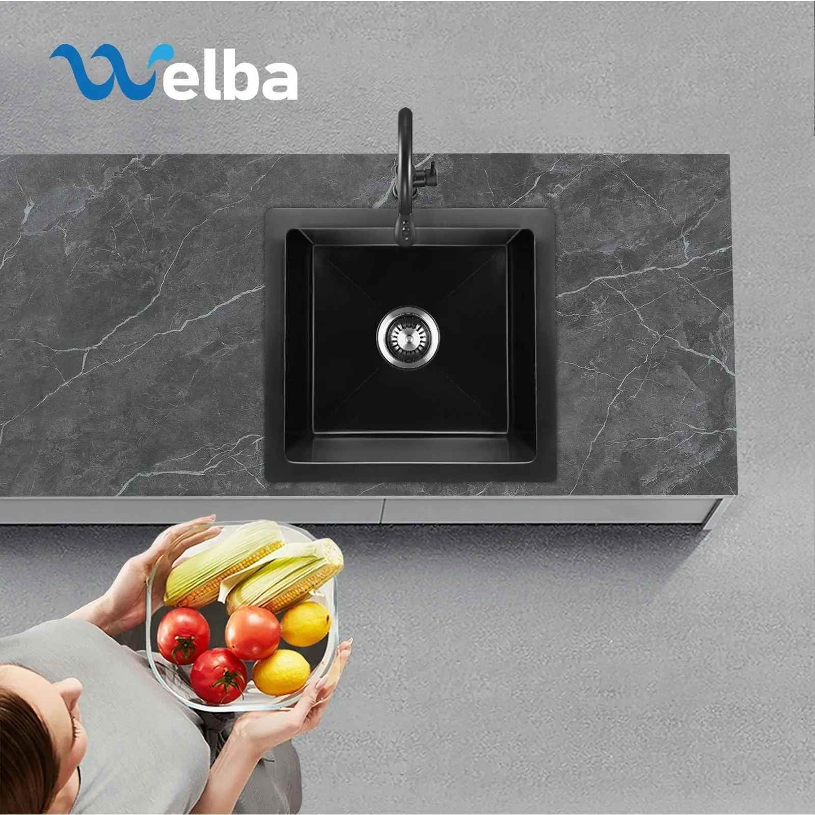 Welba Kitchen Sink 38x38cm Granite Stone Sink Laundry Basin Single Bowl Black