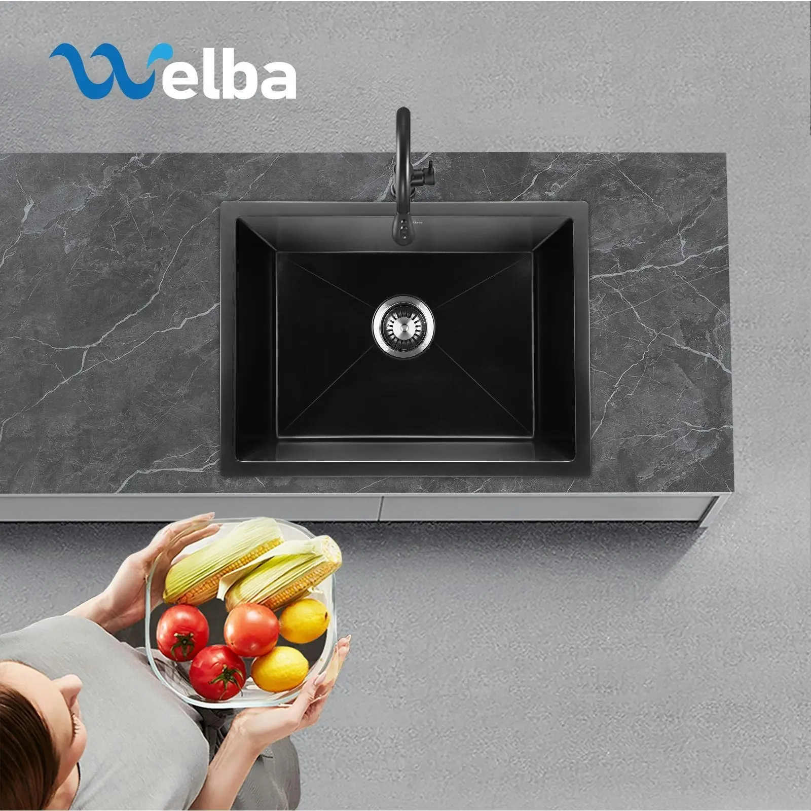 Welba Kitchen Sink 55x45cm Granite Stone Sink Laundry Basin Single Bowl Black