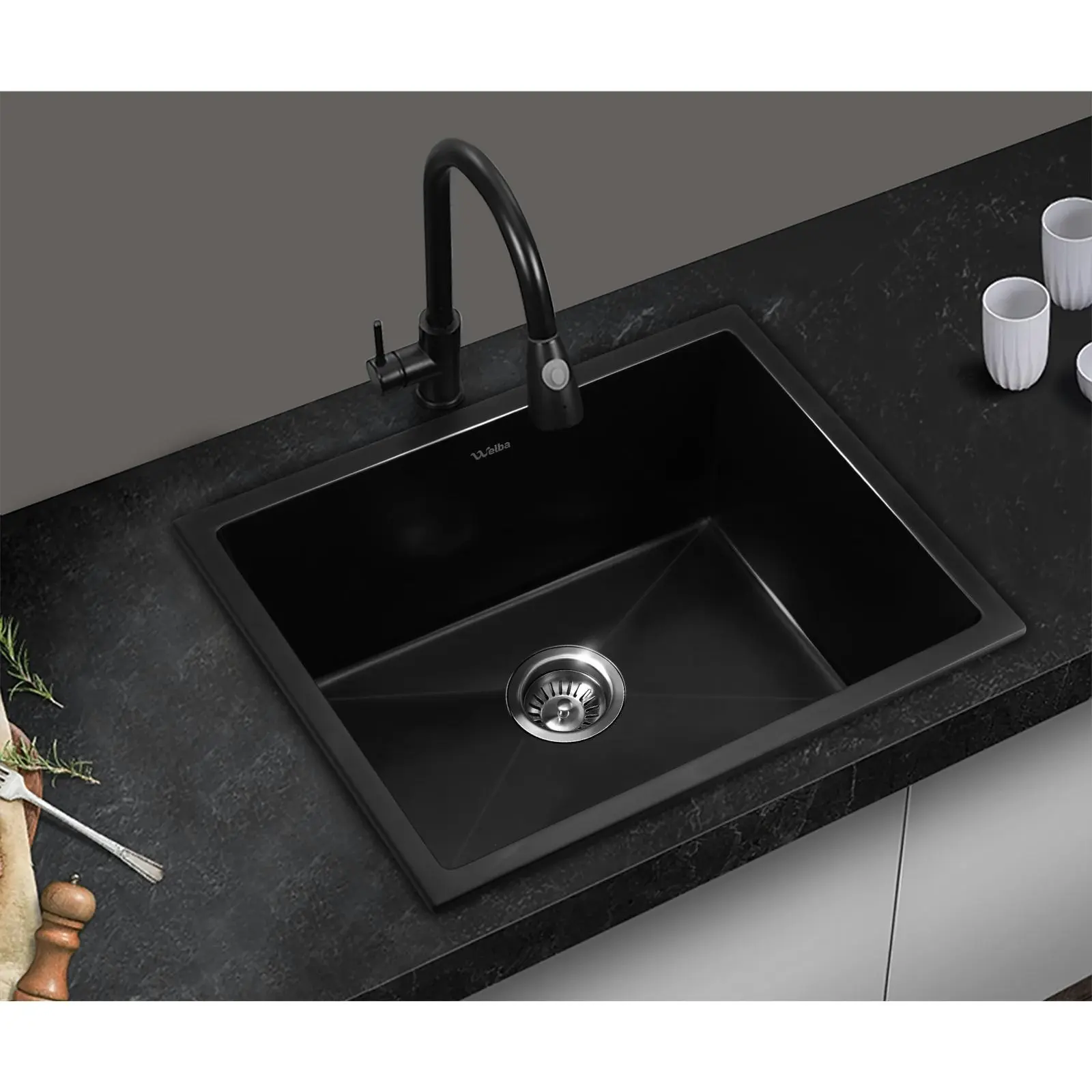 Welba Kitchen Sink 55x45cm Granite Stone Sink Laundry Basin Single Bowl Black