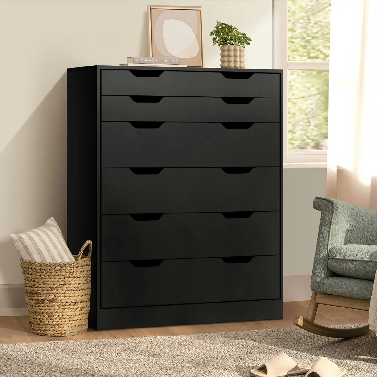 Oikiture 6 Chest of Drawers Tallboy Black PMA