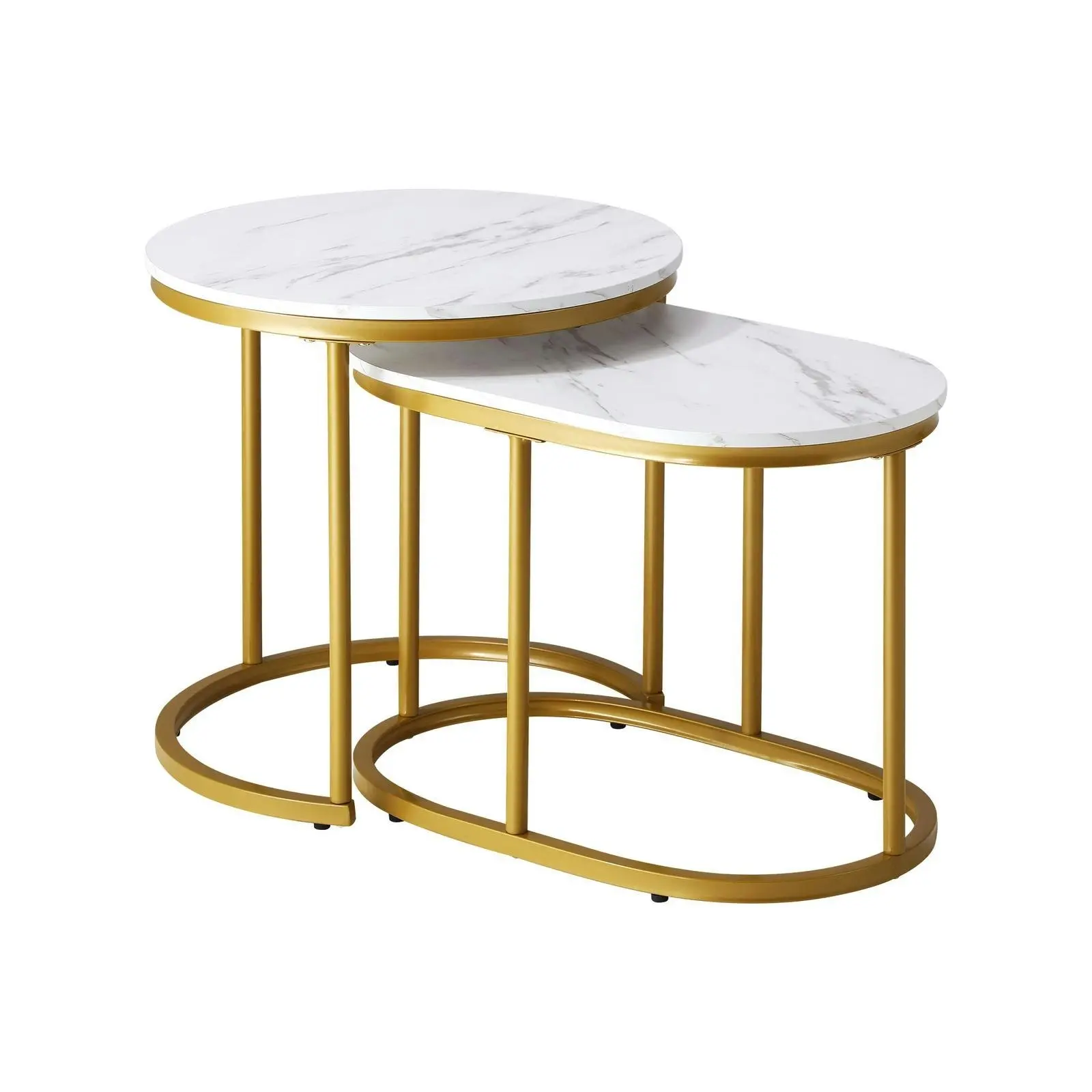 Oikiture Set of 2 Coffee Table Round Oval Marble Nesting Side End Table Gold