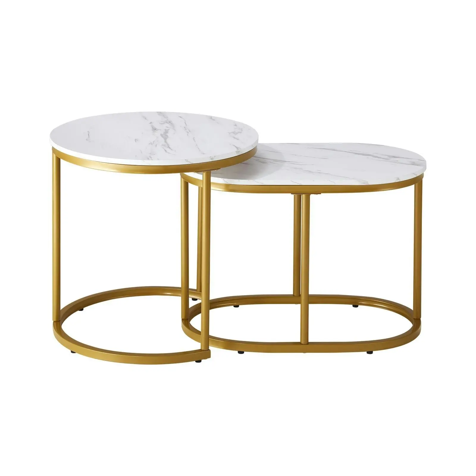 Oikiture Set of 2 Coffee Table Round Oval Marble Nesting Side End Table Gold