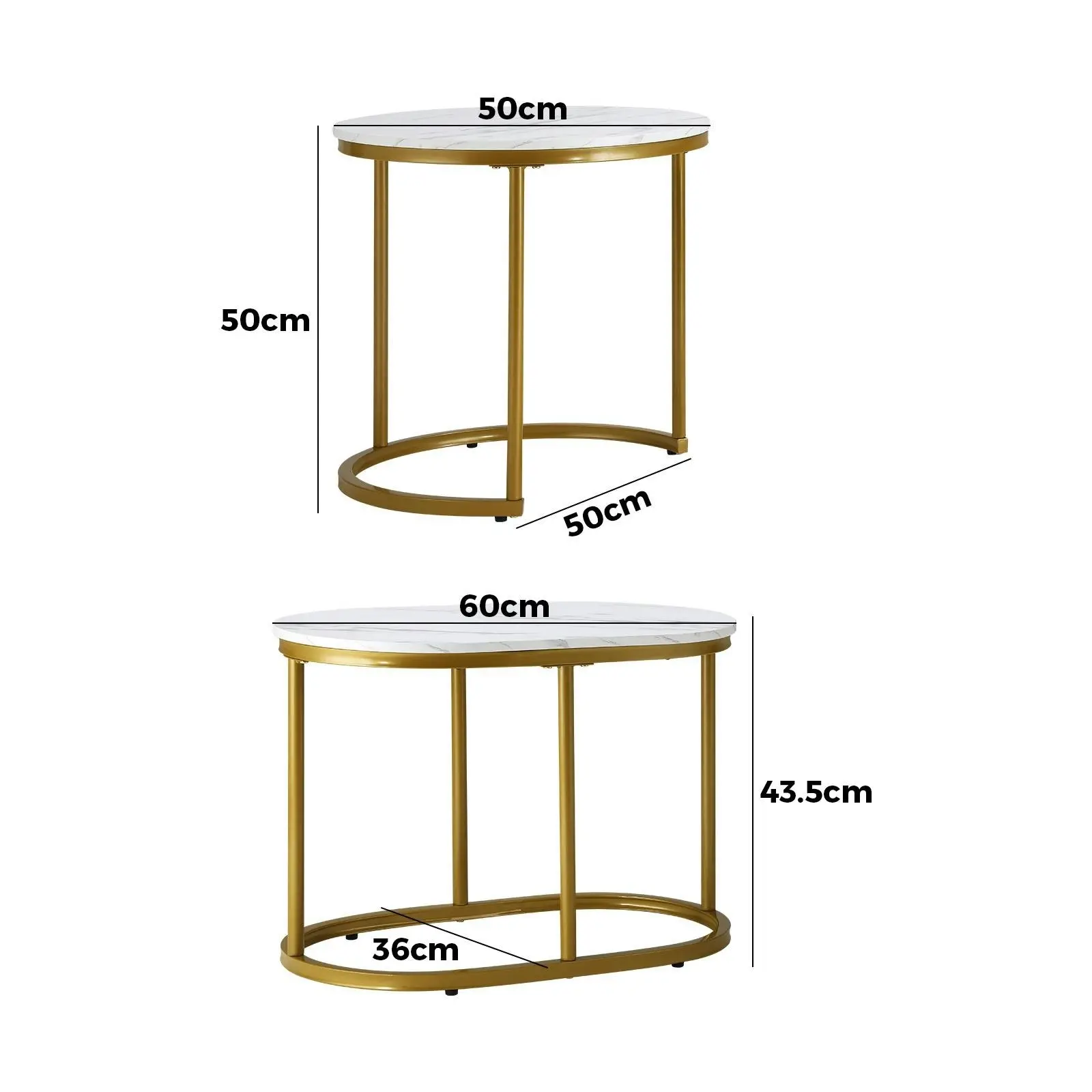 Oikiture Set of 2 Coffee Table Round Oval Marble Nesting Side End Table Gold