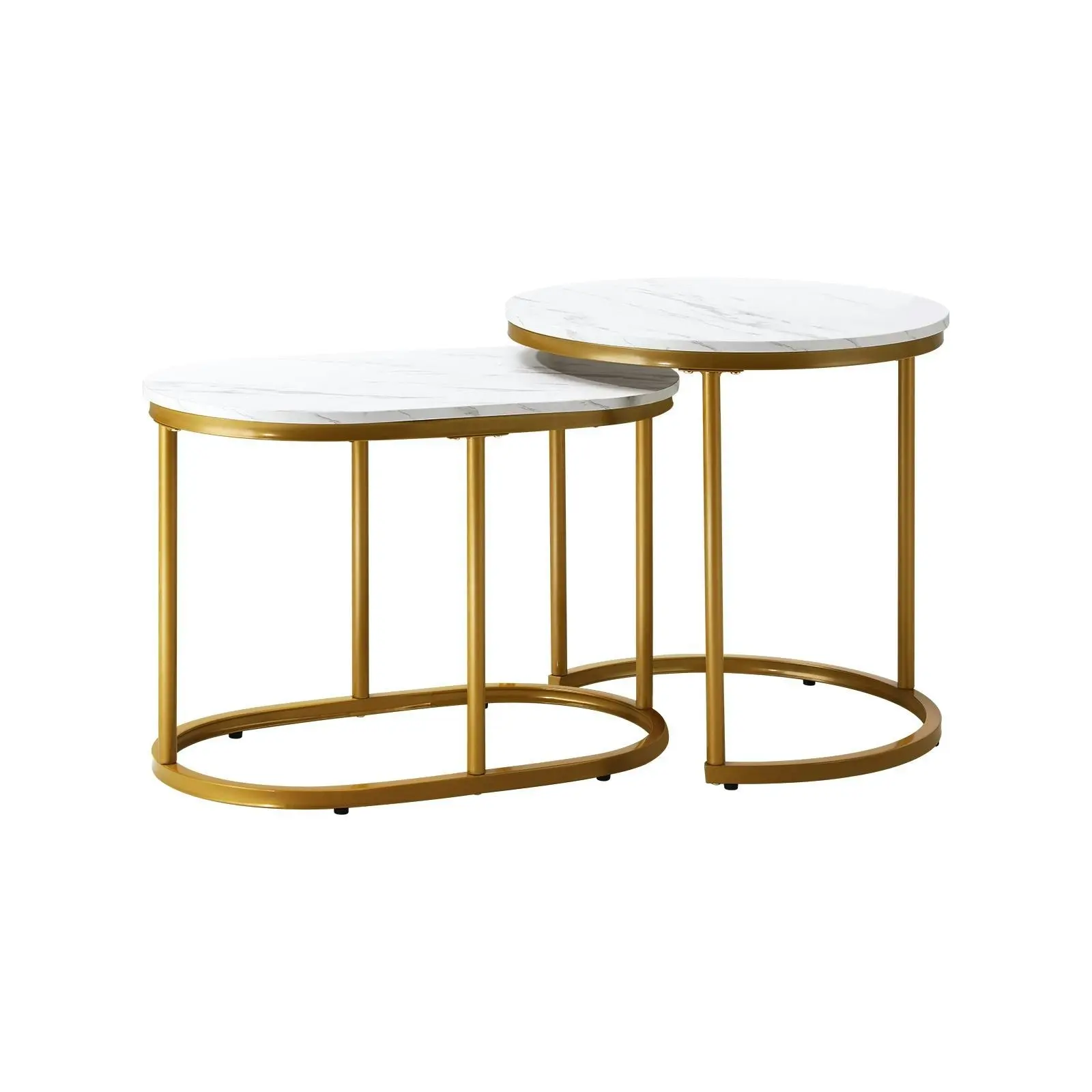 Oikiture Set of 2 Coffee Table Round Oval Marble Nesting Side End Table Gold