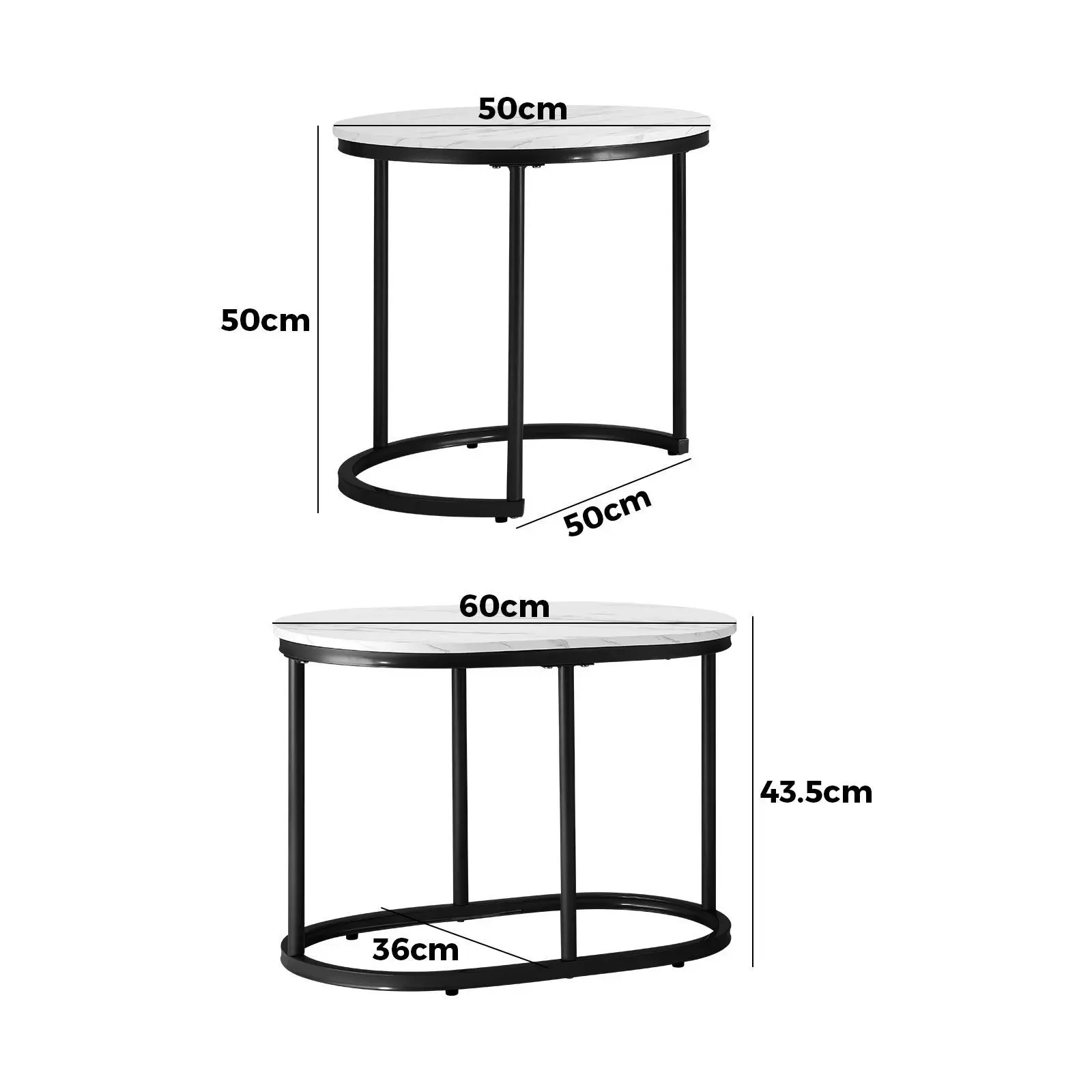 Oikiture Set of 2 Coffee Table Round Oval Marble Nesting Side End Table Black