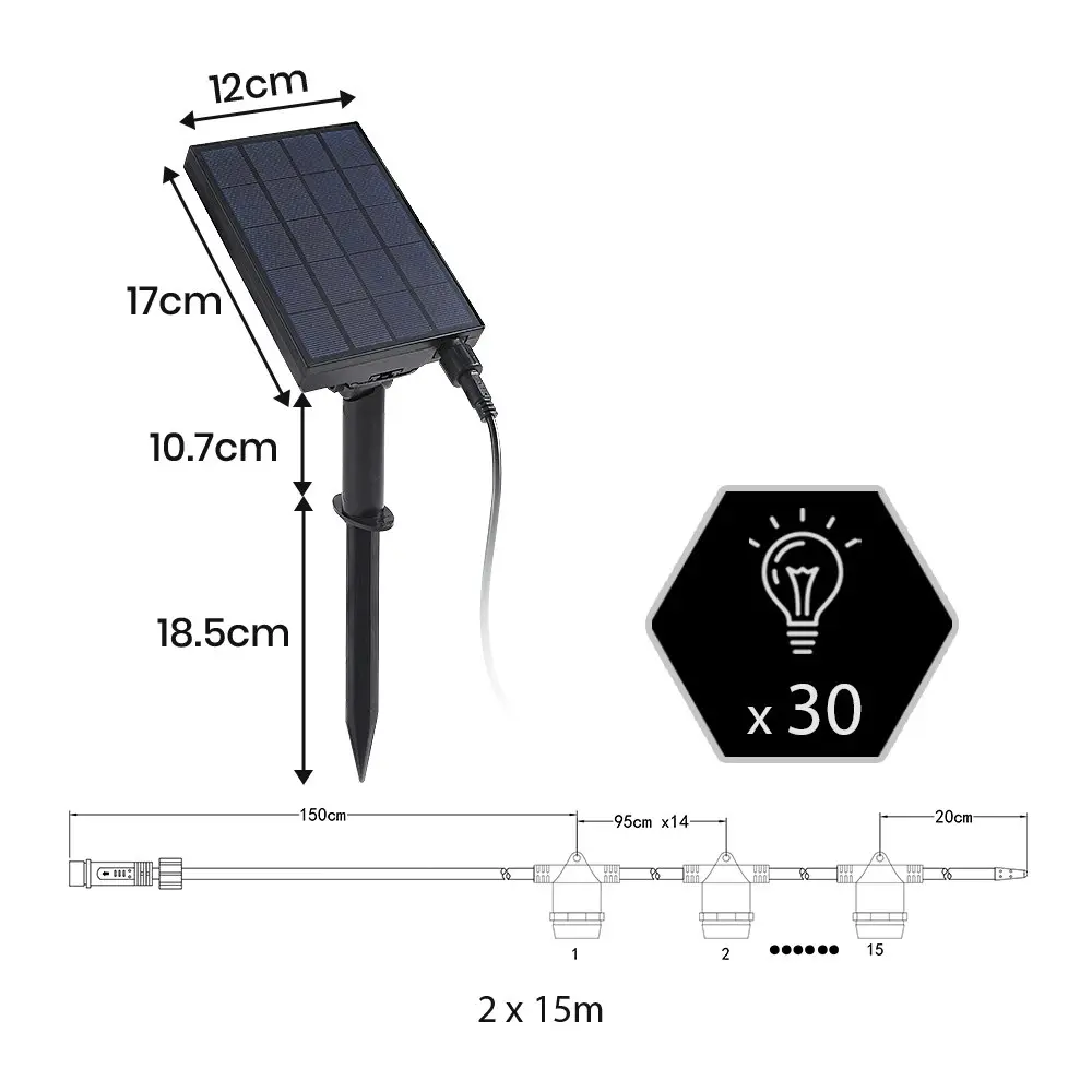 Groverdi 96FT Solar Festoon Lights Outdoor 30 LED String Garden Party Waterproof