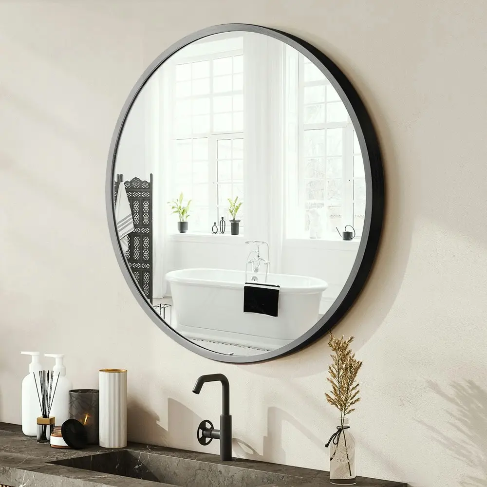 Furb Aluminum Wall Mirrors Round Makeup Mirror Bathroom Home Decor Black 60CM