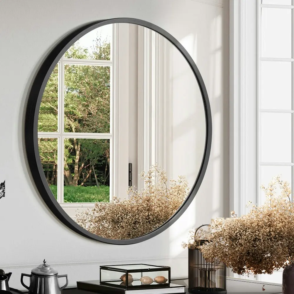 Furb Aluminum Wall Mirrors Round Makeup Mirror Bathroom Home Decor Black 60CM