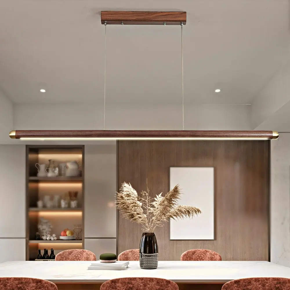 Krear 180CM Wooden Pendant Light LED Strips Linear Lighting Round Bar Darkwalnut