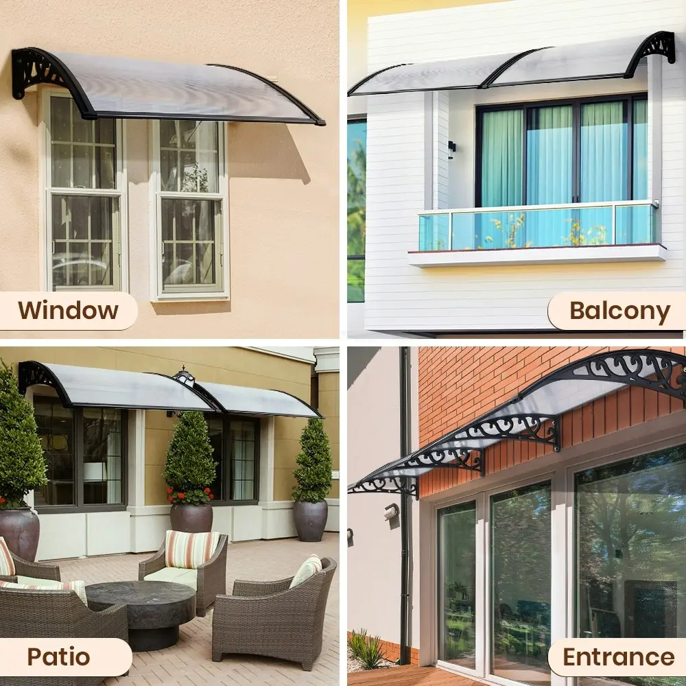 Groverdi Window Door Awning Outdoor Canopy Patio Rain Shield Cover DIY 1Mx2.4M Black Clear