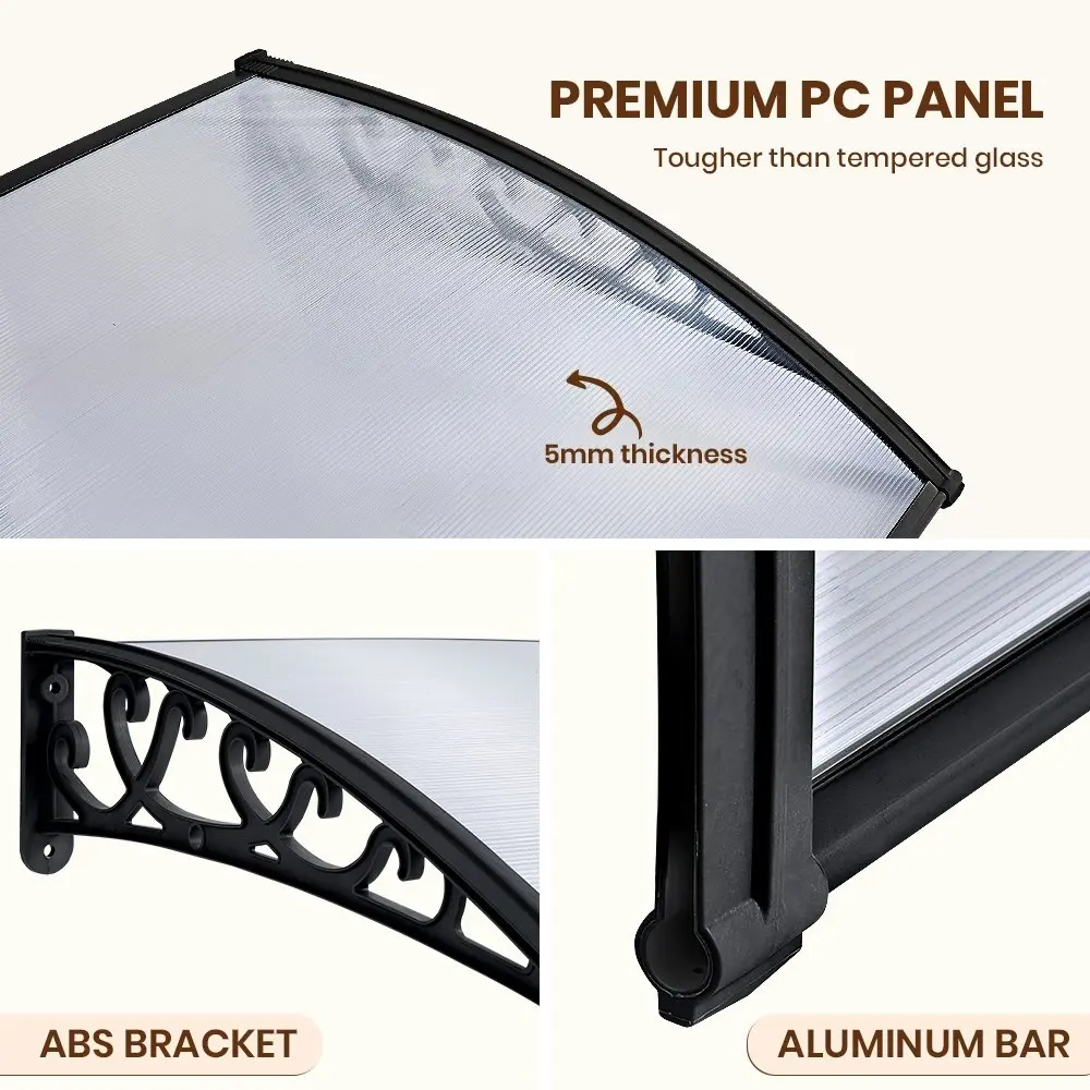 Groverdi Window Door Awning Outdoor Canopy Patio Rain Shield Cover DIY 1Mx2.4M Black Clear