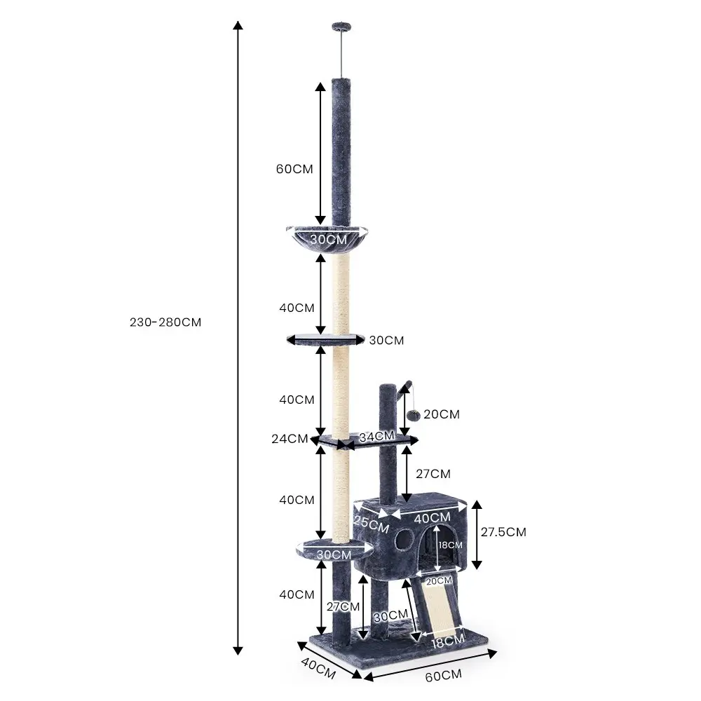 Taily Cat Tree 280cm Scratching Post Scratcher Tower Condo House Ceiling Pole Activity Ceiling High