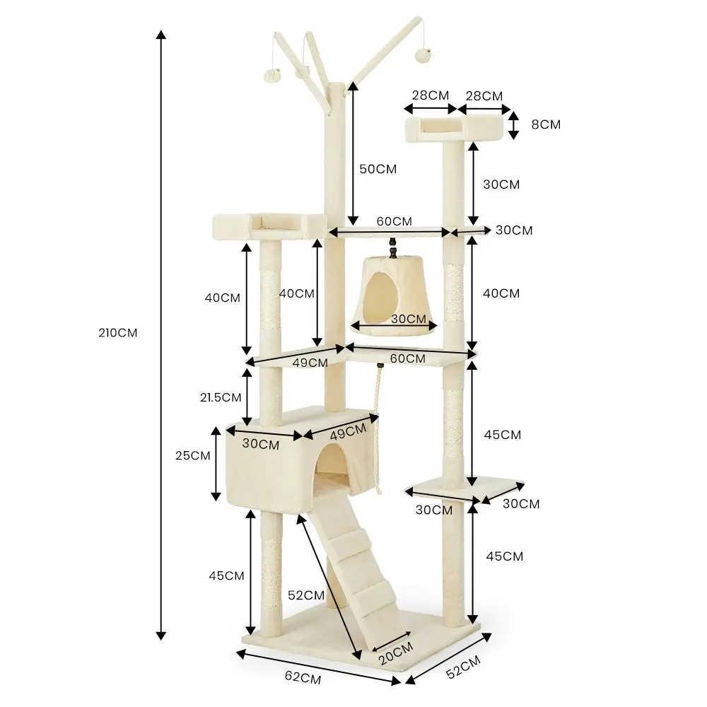 Taily Cat Tree 210CM Cat Scratching Post Scratcher Tower Cat Pet Toy Condo House Beige