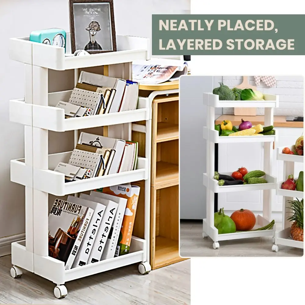 Furb 4 Tier Kitchen Storage Trolley Cart Plastic Rack Shelf Toy Organiser White