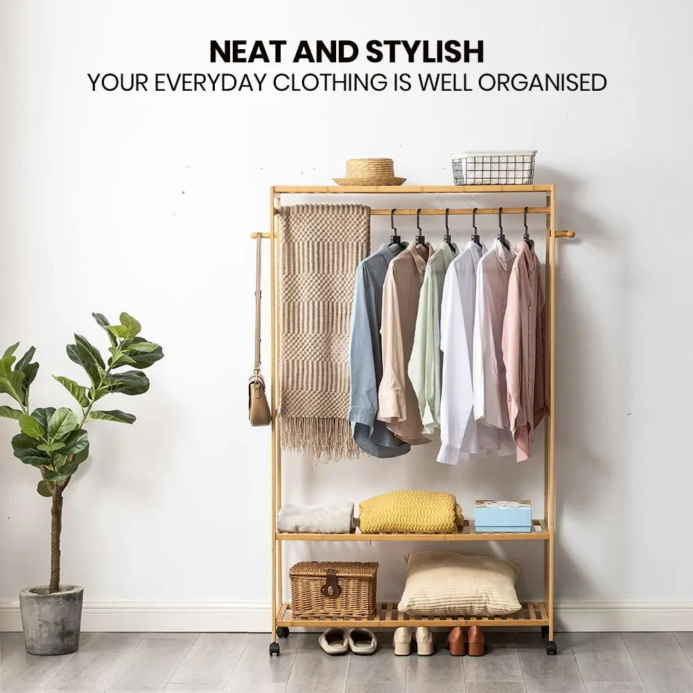 Furb Open Clothes Rack Bamboo Garment Coat Hanger Stand Shoes Storage Shelf Wheels Closet Organiser