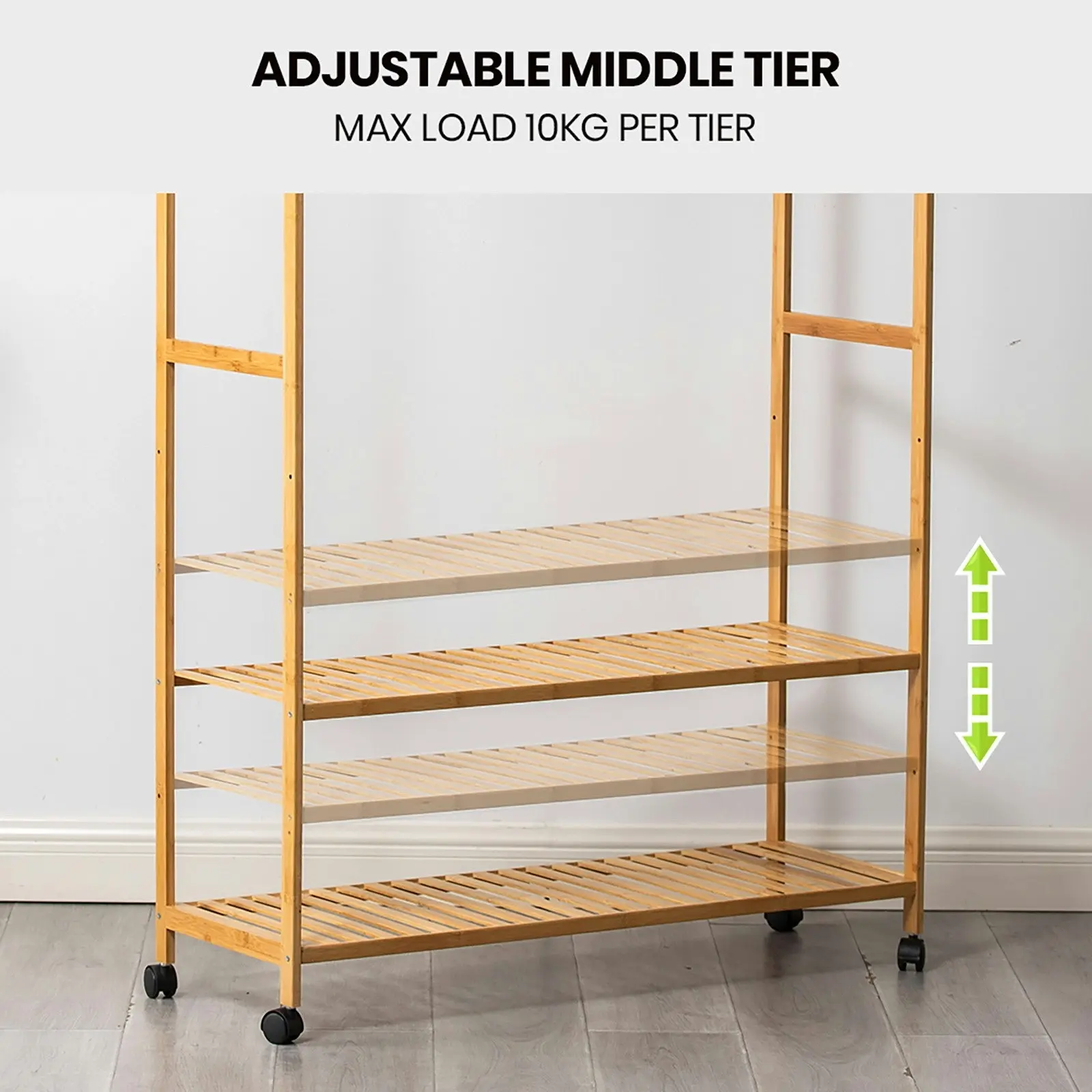 Furb Open Clothes Rack Bamboo Garment Coat Hanger Stand Shoes Storage Shelf Wheels Closet Organiser