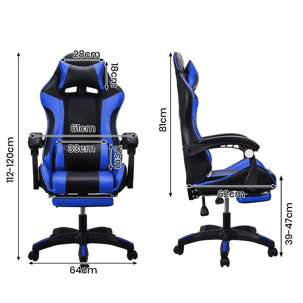 Furb Gaming Chair Two Point Massage Lumbar Recliner Leather Office Chair Blue