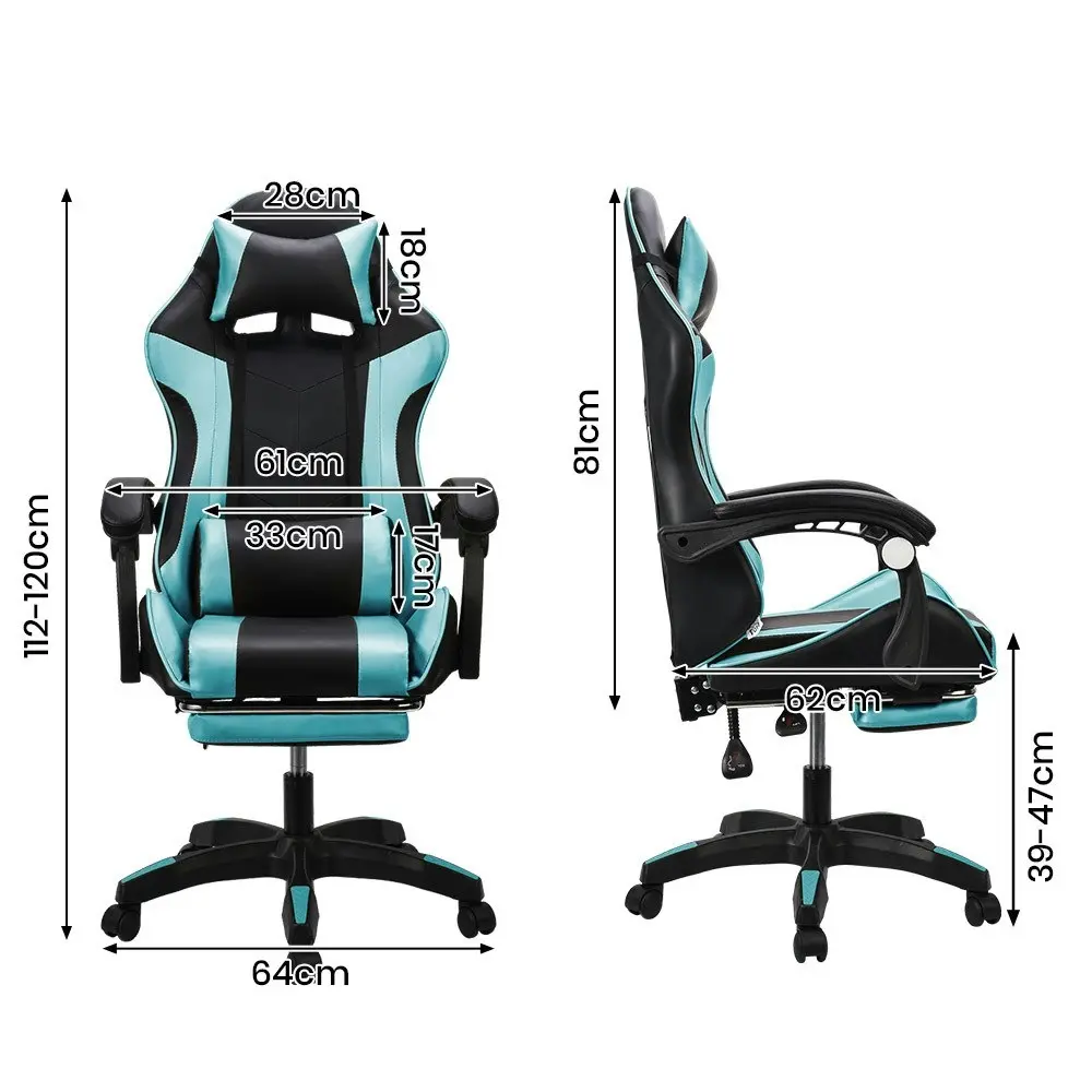 Furb Gaming Chair Two Point Massage Lumbar Recliner Leather Office Chair Cyan