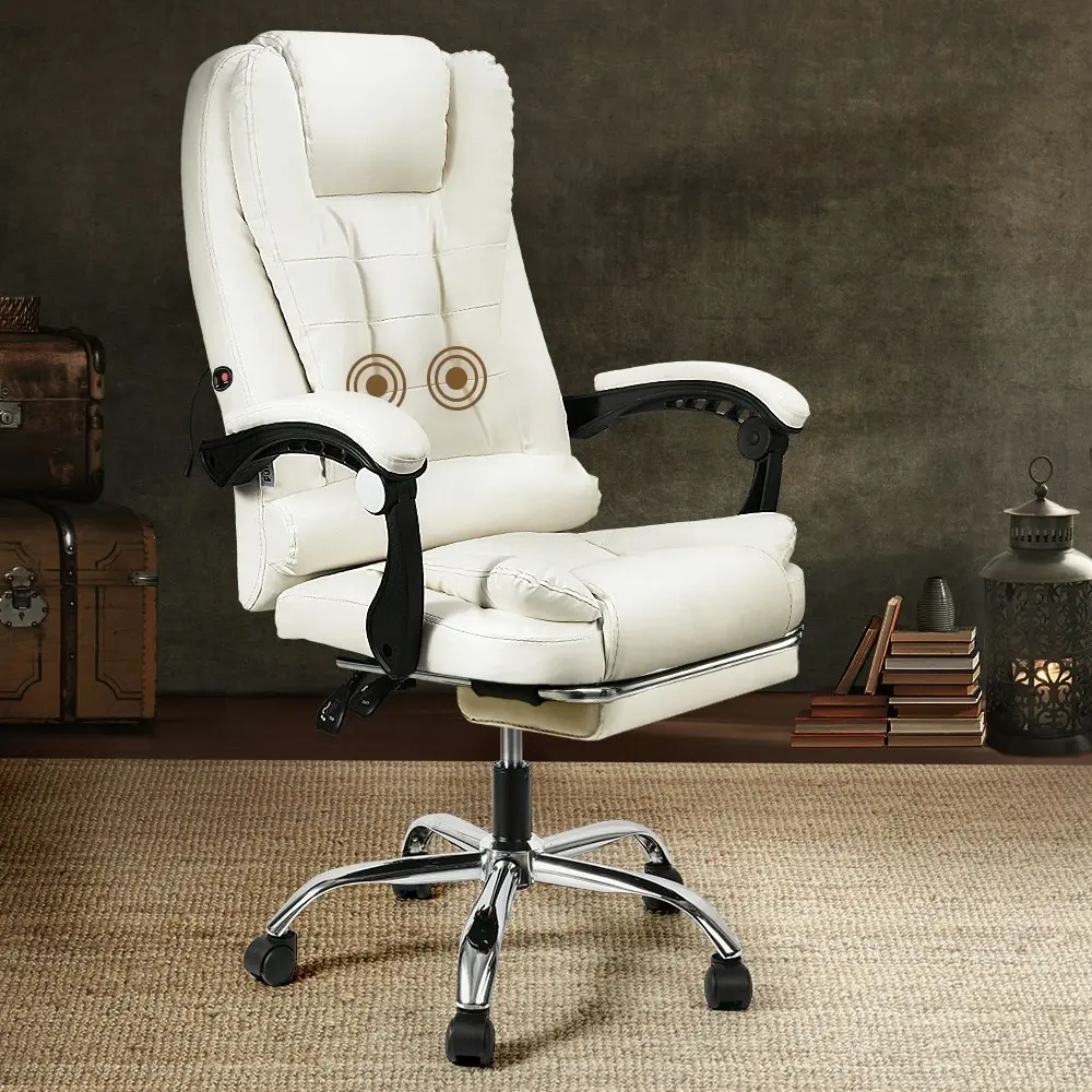 Furb Massage Office Chair Executive PU leather Seat Ergonomic Support Footrest White