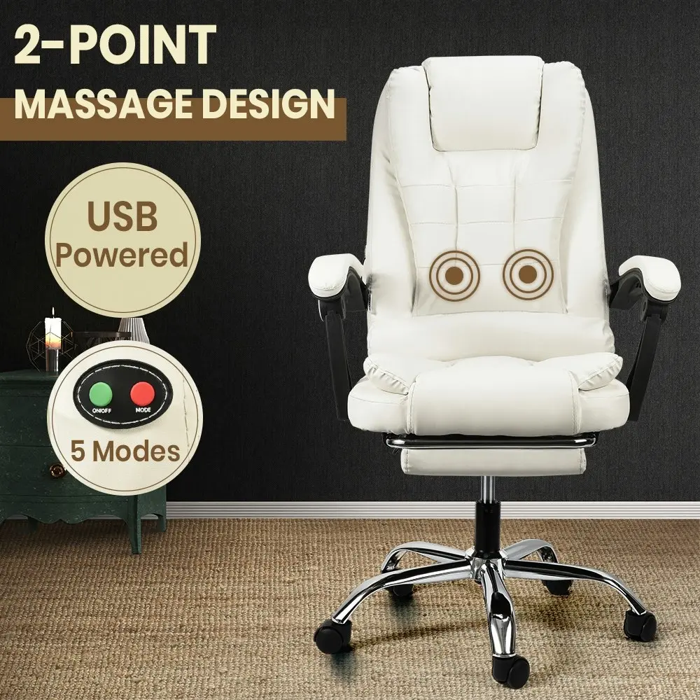 Furb Massage Office Chair Executive PU leather Seat Ergonomic Support Footrest White