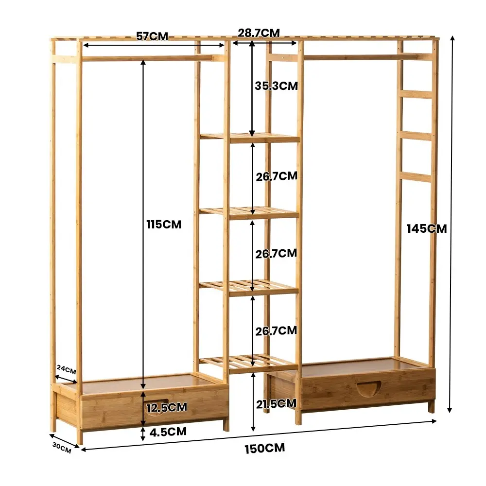 Furb Clothes Rack Open Wardrobe Bamboo Garment Coat Hanger Stand Closet Organiser Shoe Storage Shelf