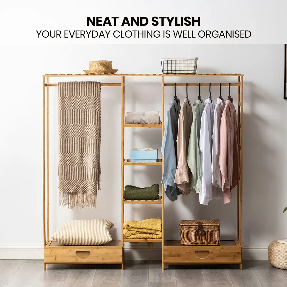 Furb Clothes Rack Open Wardrobe Bamboo Garment Coat Hanger Stand Closet Organiser Shoe Storage Shelf