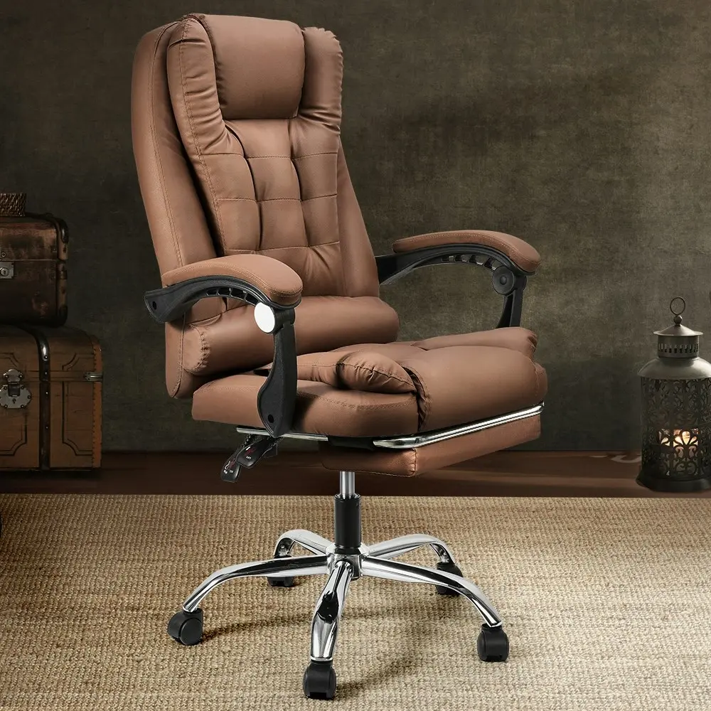 Furb Office Chair Executive PU leather Seat Ergonomic Support Caster Wheel Footrest Dark Brow