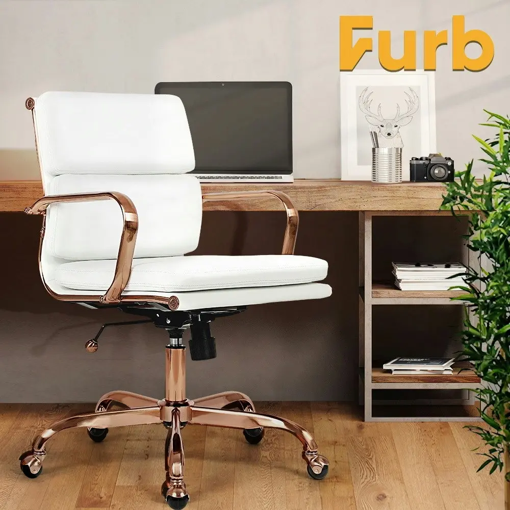 Furb Executive Office Chair Ergonomic Mid-Back PU Leather Rose Gold White