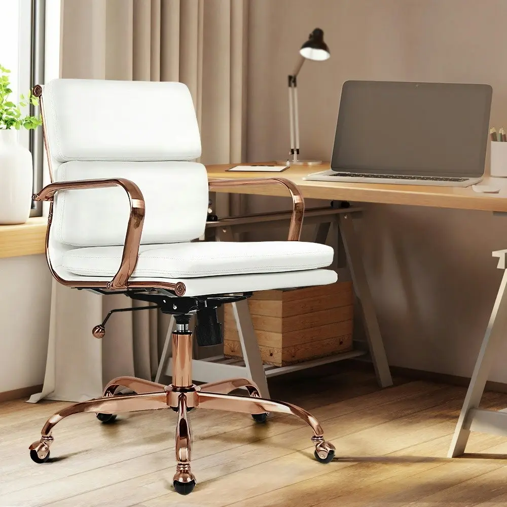 Furb Executive Office Chair Ergonomic Mid-Back PU Leather Rose Gold White