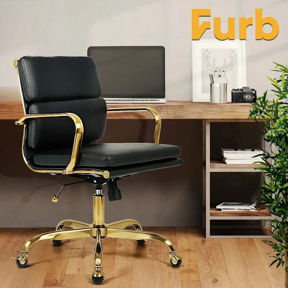 Furb Office Chair Executive Mid-Back Thick Padded PU Leather Work Study Blk Gd Eames Replica