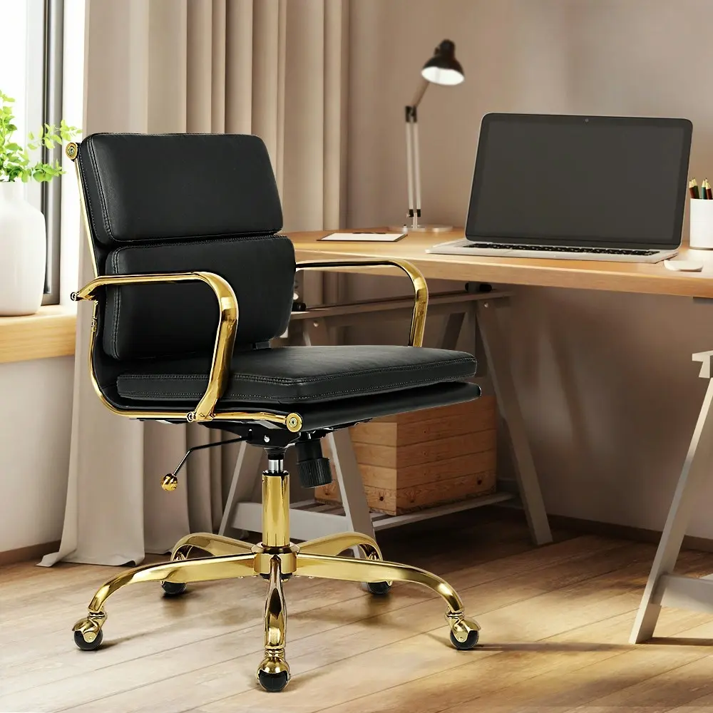 Furb Office Chair Executive Mid-Back Thick Padded PU Leather Work Study Blk Gd Eames Replica