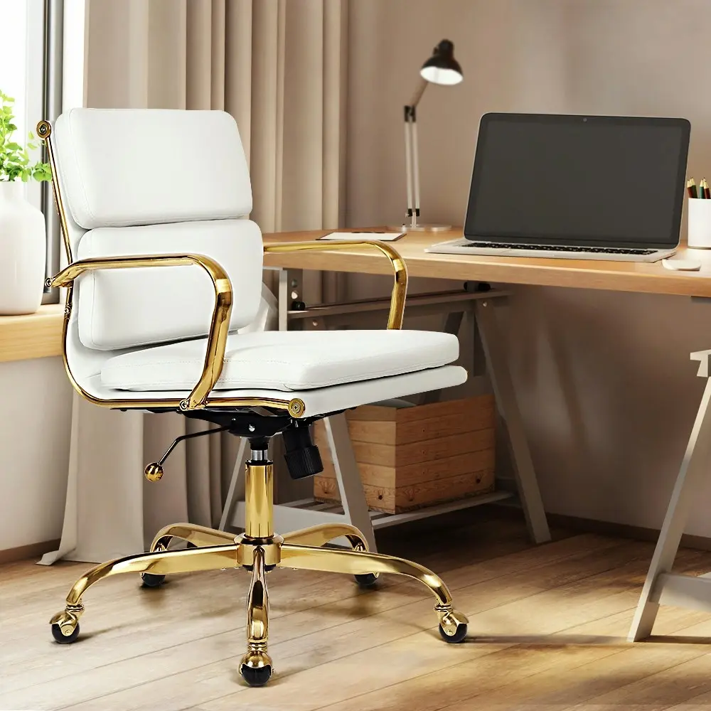 Furb Office Chair Executive Mid-Back Thick Padded PU Leather Work Study Eames Replica White