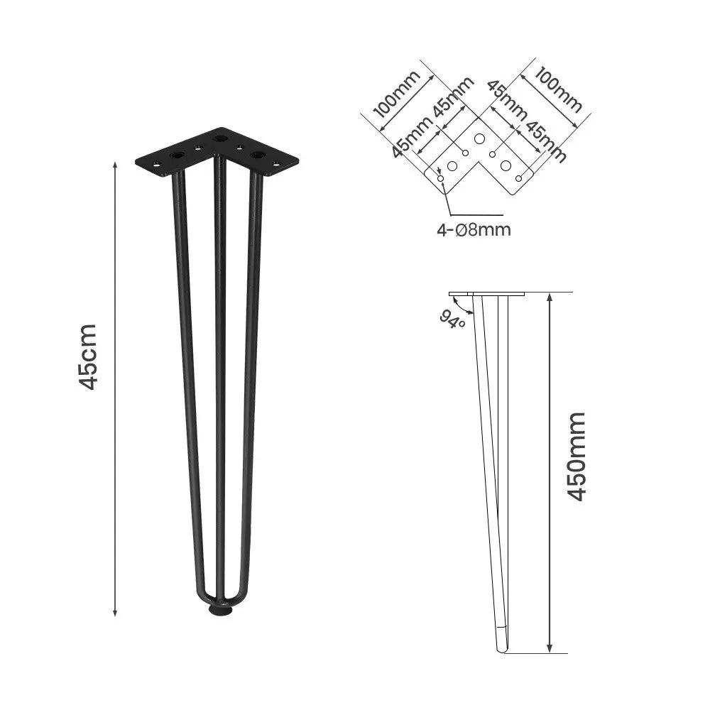 Furb 4x Hairpin Dining Table Legs Support Coffee Table Steel DIY Industrial Desk Bench 3 Rods 45CM