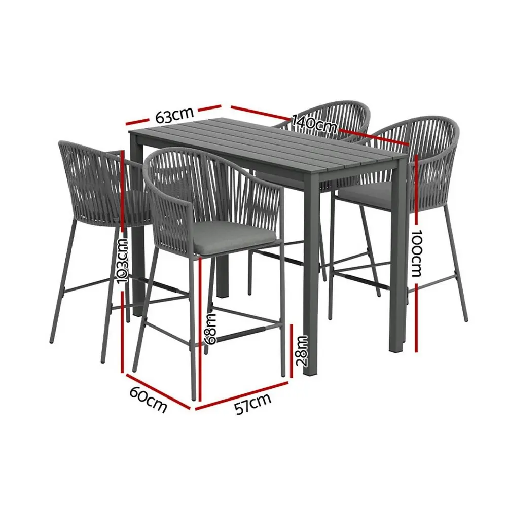 Gardeon 5-Piece Outdoor Bar Set Dining Table Rope Chair Patio Bistro Set