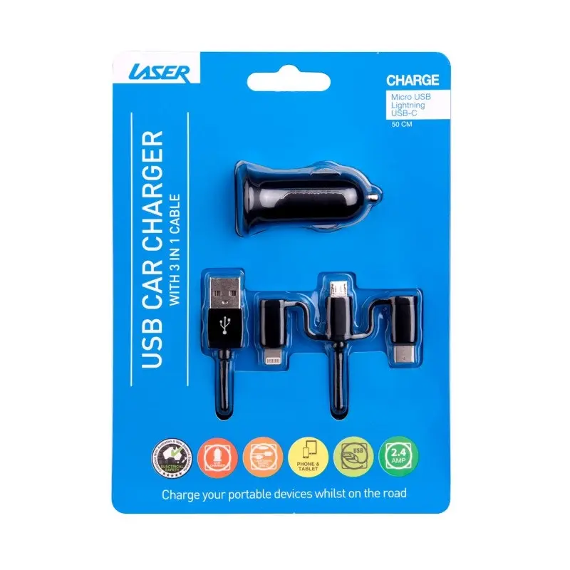 2.4A Car Charger with 3 in 1 Charging Cable BLACK