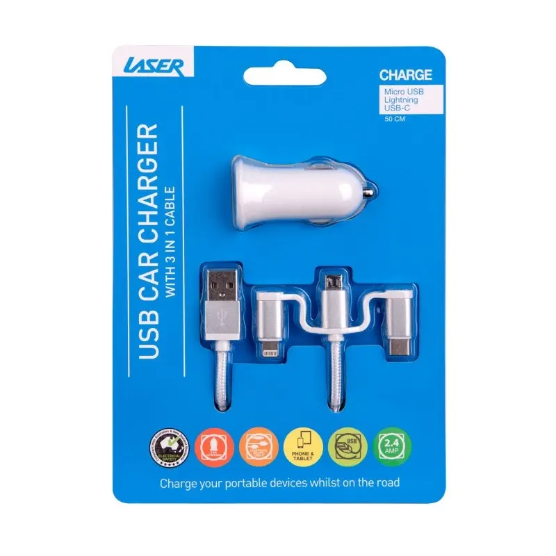 2.4A Car Charger with 3 in 1 Charging Cable, White