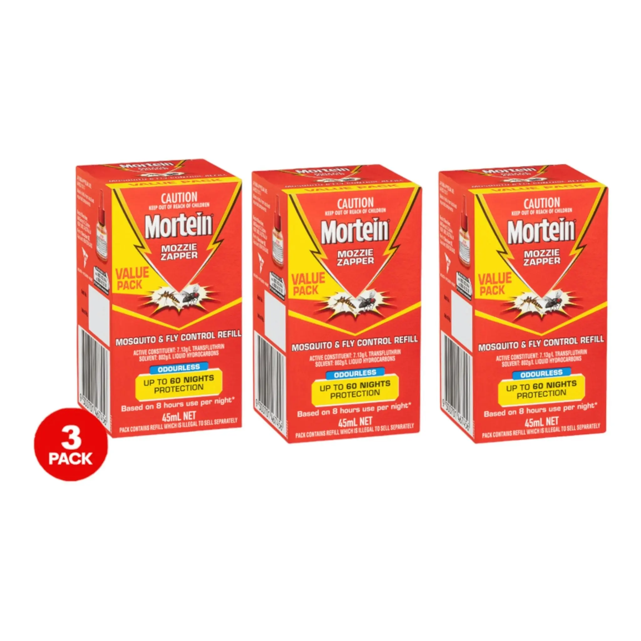 3 Pack Mortein Mosqito/Mozzie Zapper 45ml Refill Odourless