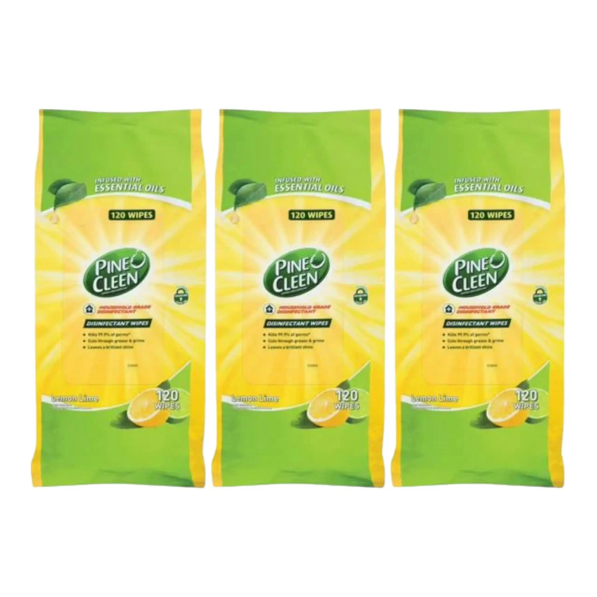 3 Pack Pine O Cleen Surface Wipes Lemon Lime 120 Pack