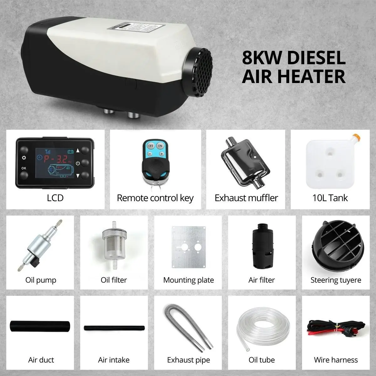 DASHOTO 8kW 12V RV Diesel Air Heater Kit Portable Vehicle Heater w/ LCD Remote Control - Black & Grey