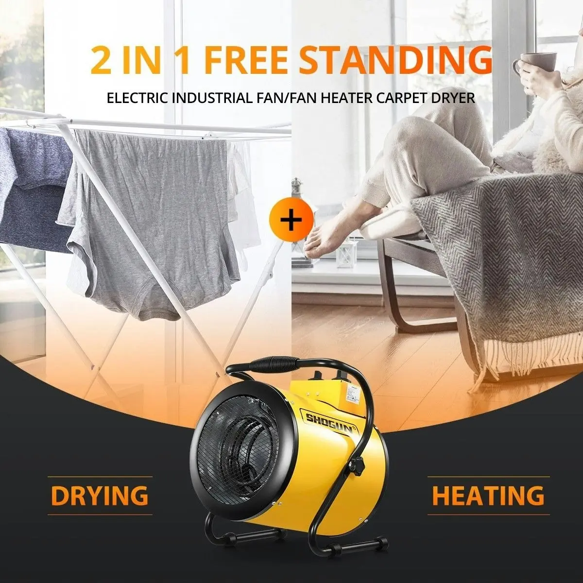 Shogun 2-in-1 3000W Portable Electric Industrial Fan Heater Free Standing Carpet Dryer SAA Yellow