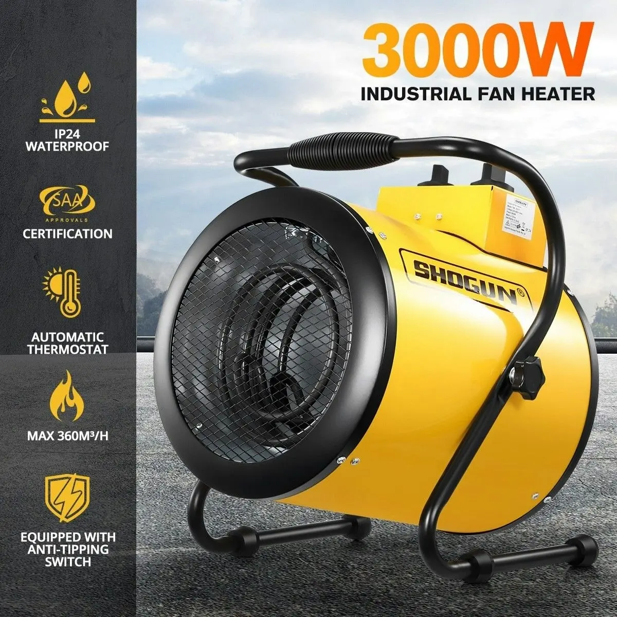 Shogun 2-in-1 3000W Portable Electric Industrial Fan Heater Free Standing Carpet Dryer SAA Yellow