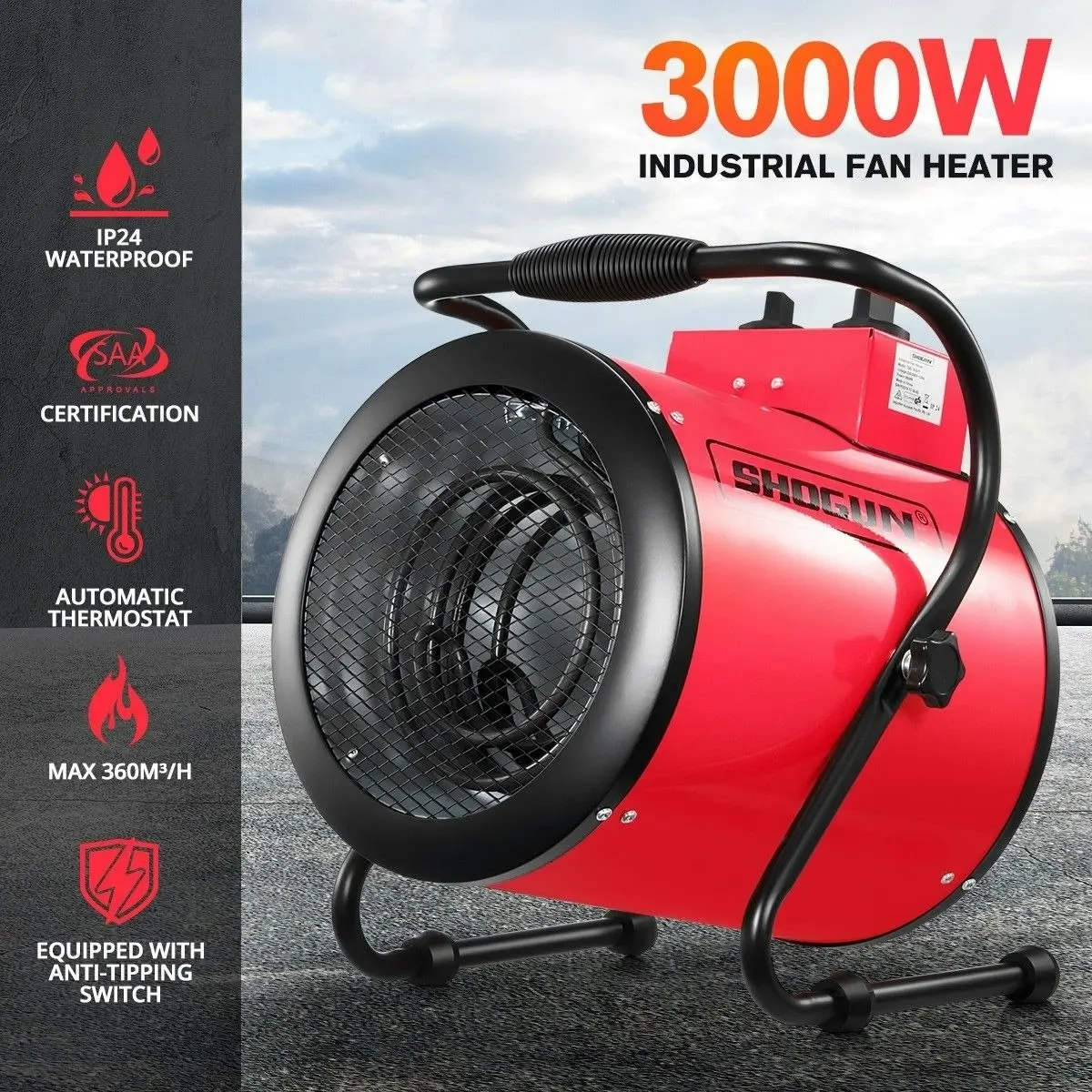 Shogun 2-in-1 3000W Portable Electric Industrial Fan Heater Free Standing Carpet Dryer SAA Red