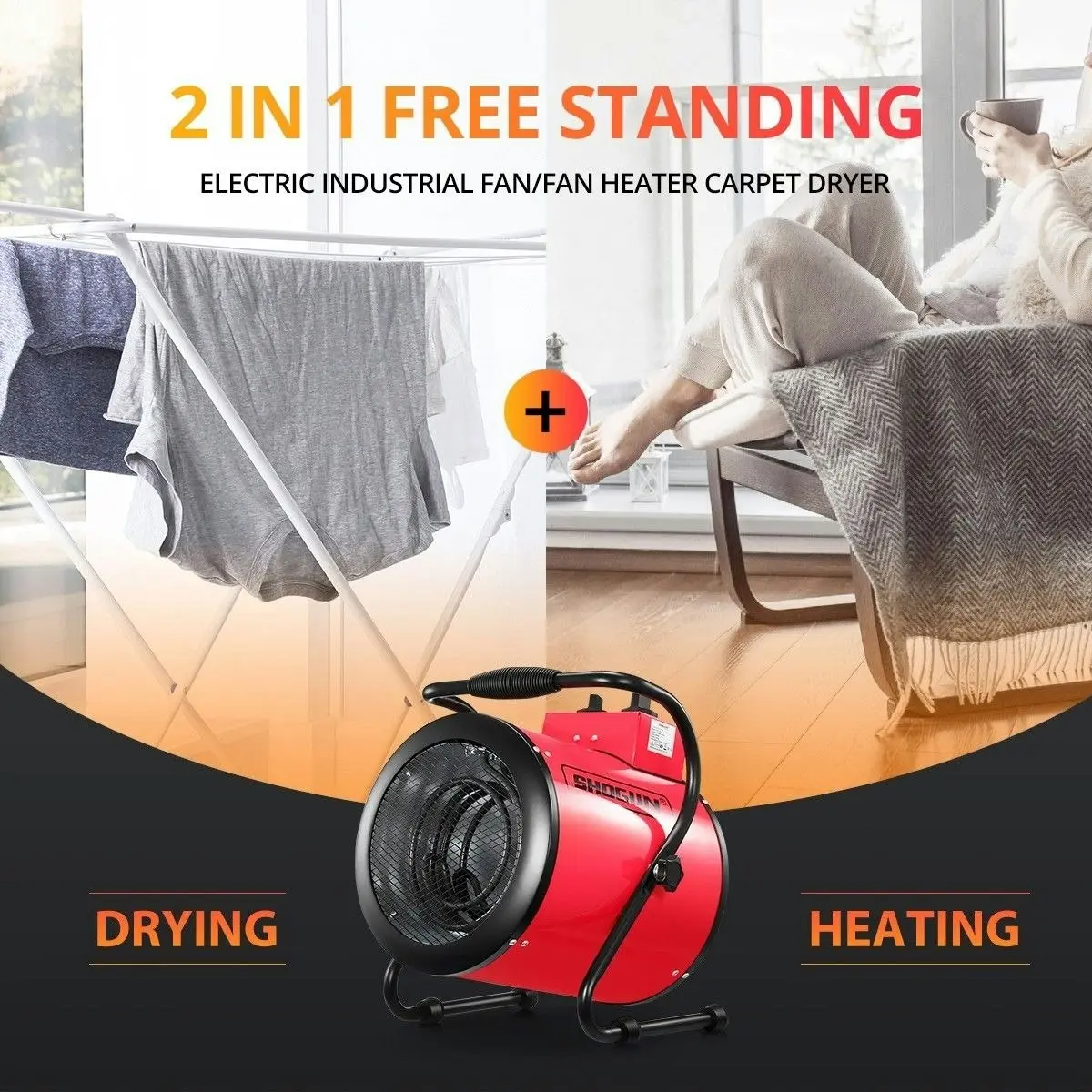 Shogun 2-in-1 3000W Portable Electric Industrial Fan Heater Free Standing Carpet Dryer SAA Red