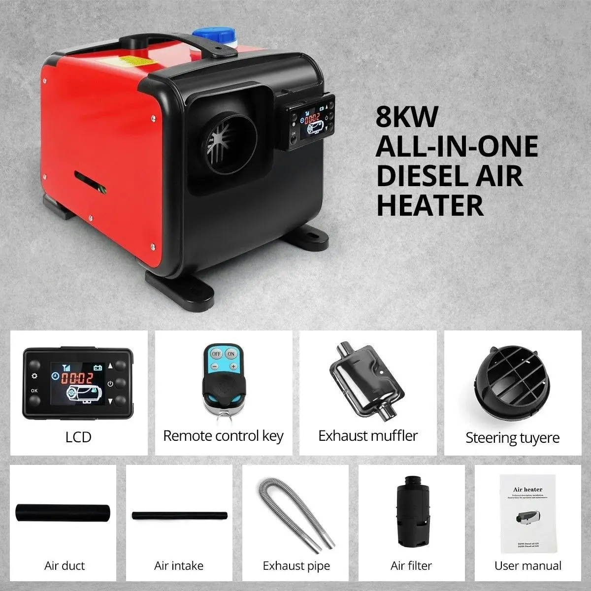 DASHOTO All-in-One 12V 8KW Diesel Air Heater Parking Car Truck Caravan LCD Remote Black & Red