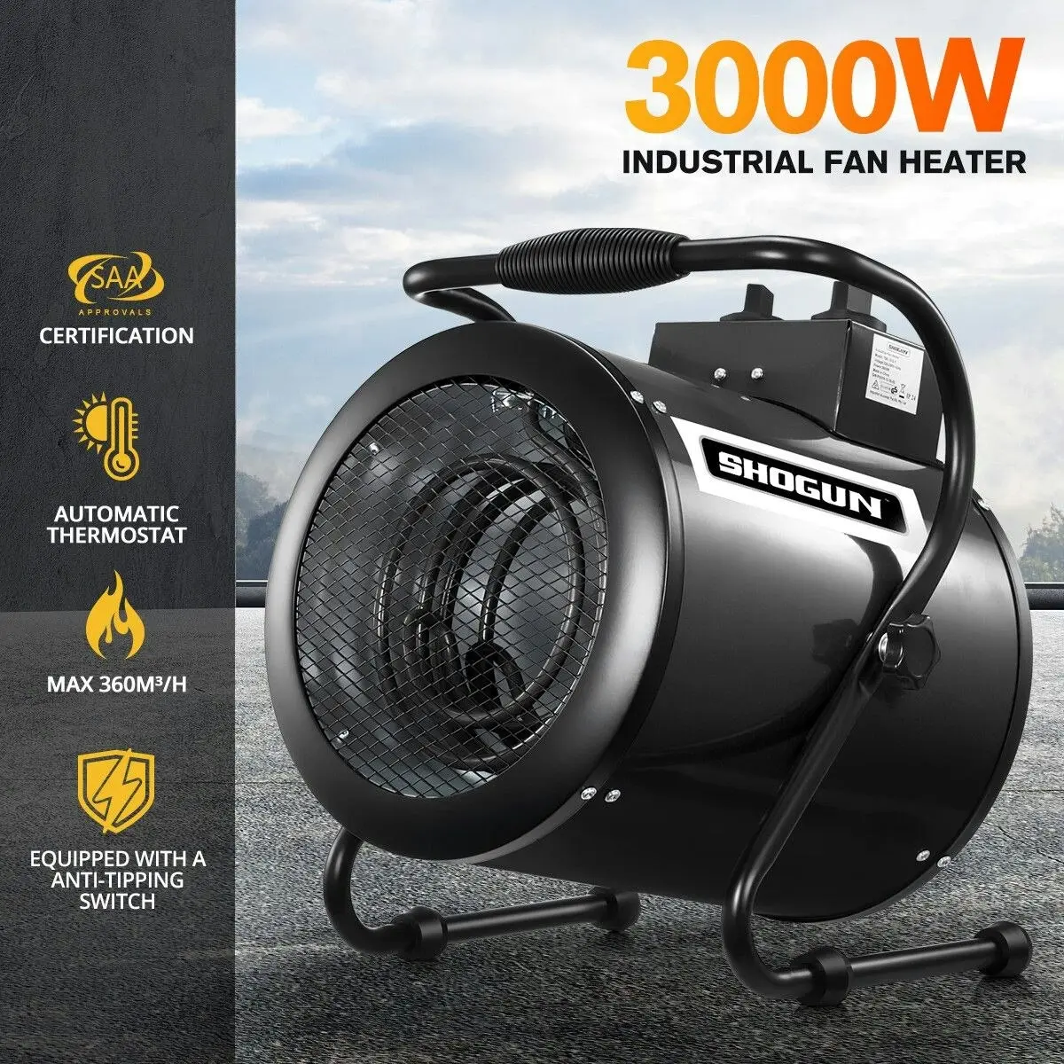 Ausway Industrial Fan Heater Electric 2 in 1 Portable Hot Air Blower Carpet Dryer for Workshop Warehouse Shed SAA 3000W