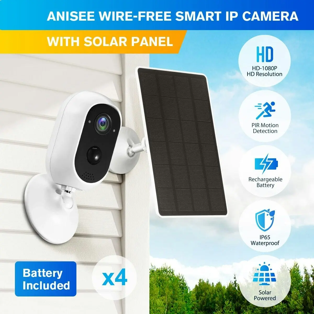 Ausway WiFi Camera CCTV Home Security Wireless Outdoor Surveillance System with Solar Powered Batteries x4