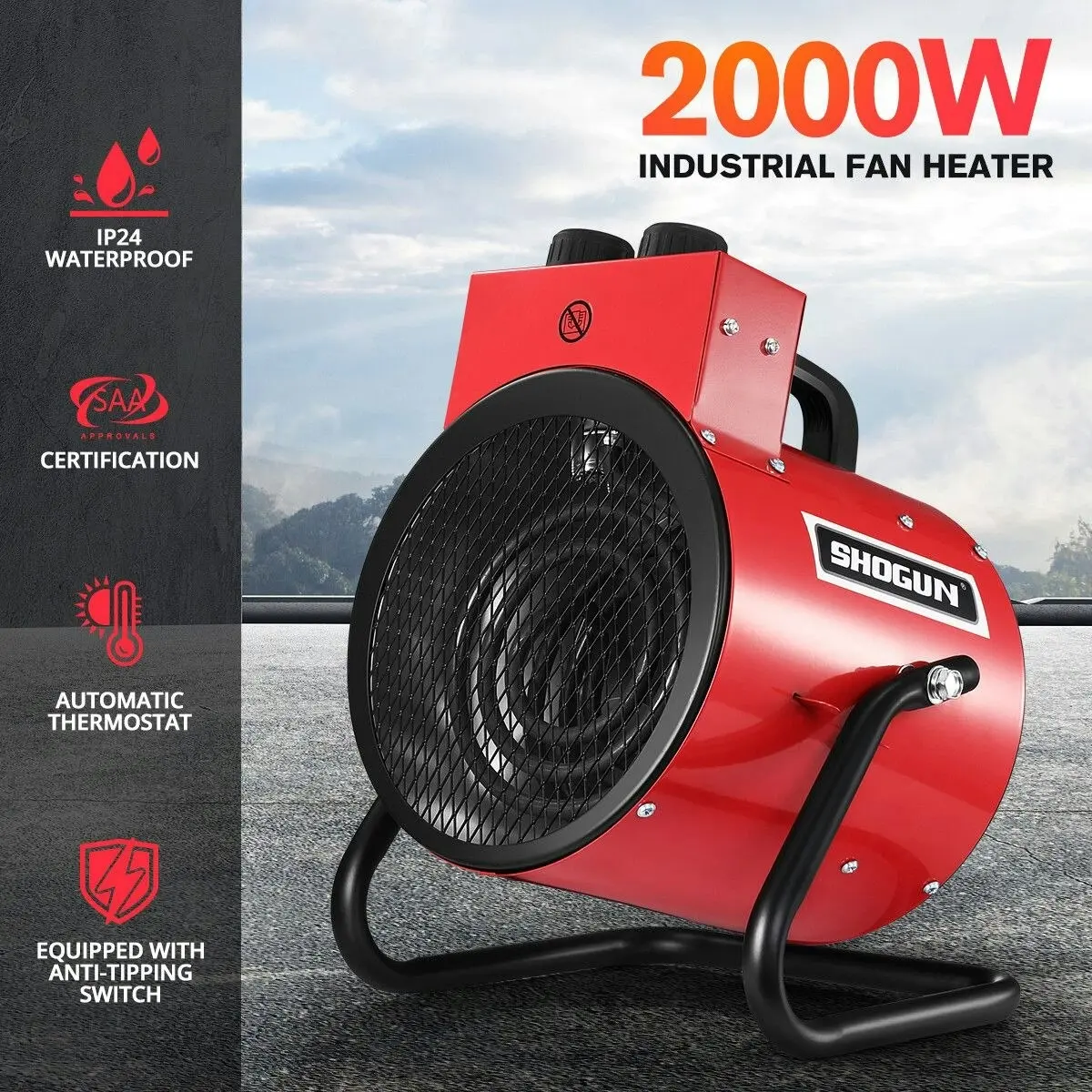 Shogun 2000W 2 in 1 Portable Electric Heater Industrial Fan Heater freestanding Carpet Dryer with SAA Red