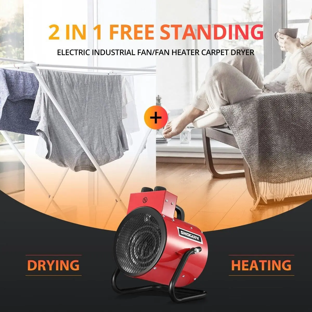 Shogun 2000W 2 in 1 Portable Electric Heater Industrial Fan Heater freestanding Carpet Dryer with SAA Red