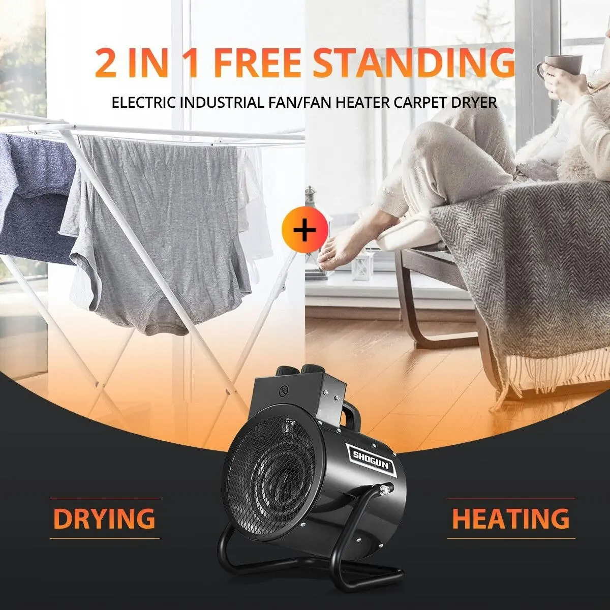 Shogun 2 in 1 2000W Portable Electric Heater Industrial Fan Heater Freestanding Carpet Dryer with SAA Black