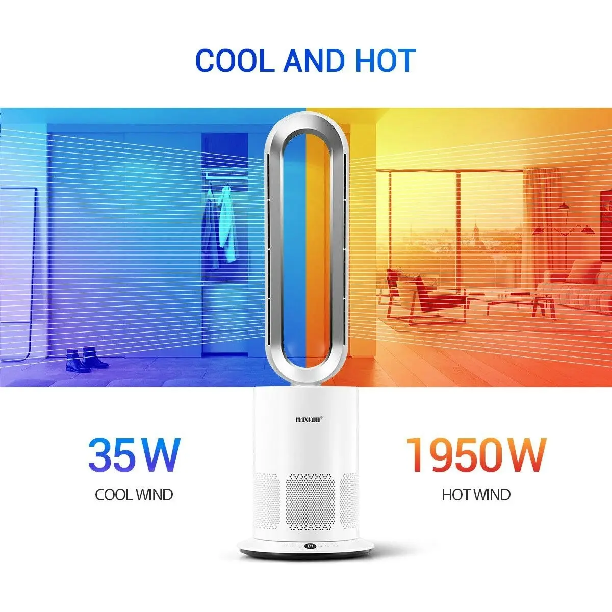 Maxkon 4 in 1 Bladeless Tower Fan Electric Cool Air Hot Heater HEPA Filter Plasma Disinfection Purifier Oscillation